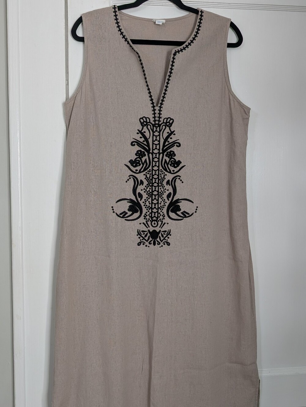 Sigrid Olsen Linen Sleeveless Midi Embroidered Shift Dress L Boho Coastal Taupe - Picture 3 of 6